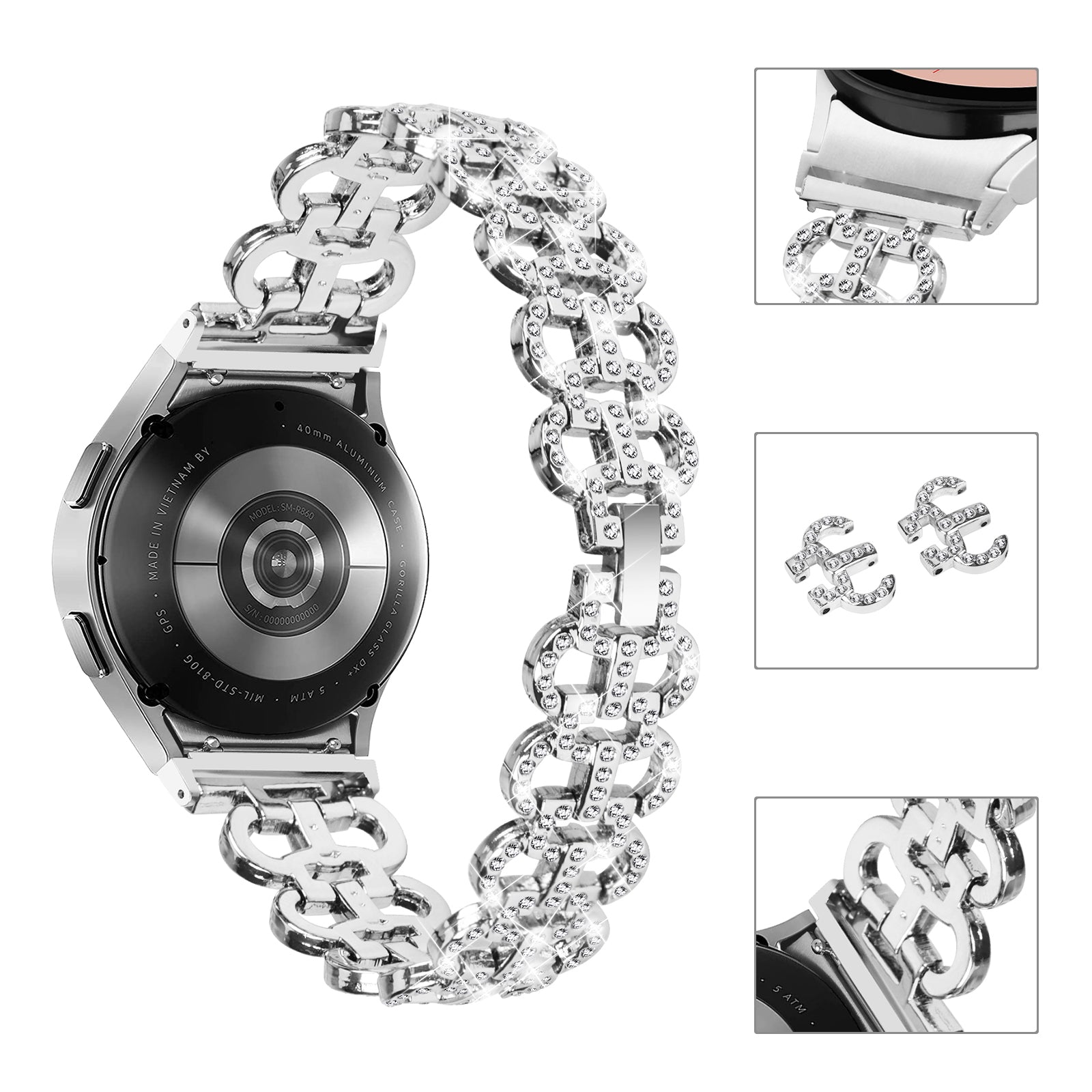 For Samsung Galaxy Watch4 40 44mm Watch4 Classic 42 46mm Watch 5 40 44mm Metal Watch Strap Rhinestone Watchband with Connector For Samsung Galaxy Watch4 40 44mm Watch4 Classic 42 46mm Watch 5 40 44mm Metal Watch Strap Rhinestone Watchband with Connector